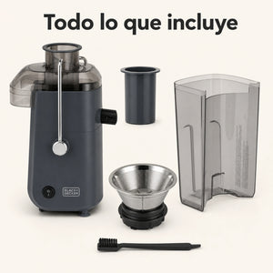 Extractor de jugos Black + Decker con las piezas y accesorios incluidos