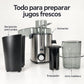 Contenido del extractor Lotus: extractor, recipiente para pulpa, empujador y jarra medidora