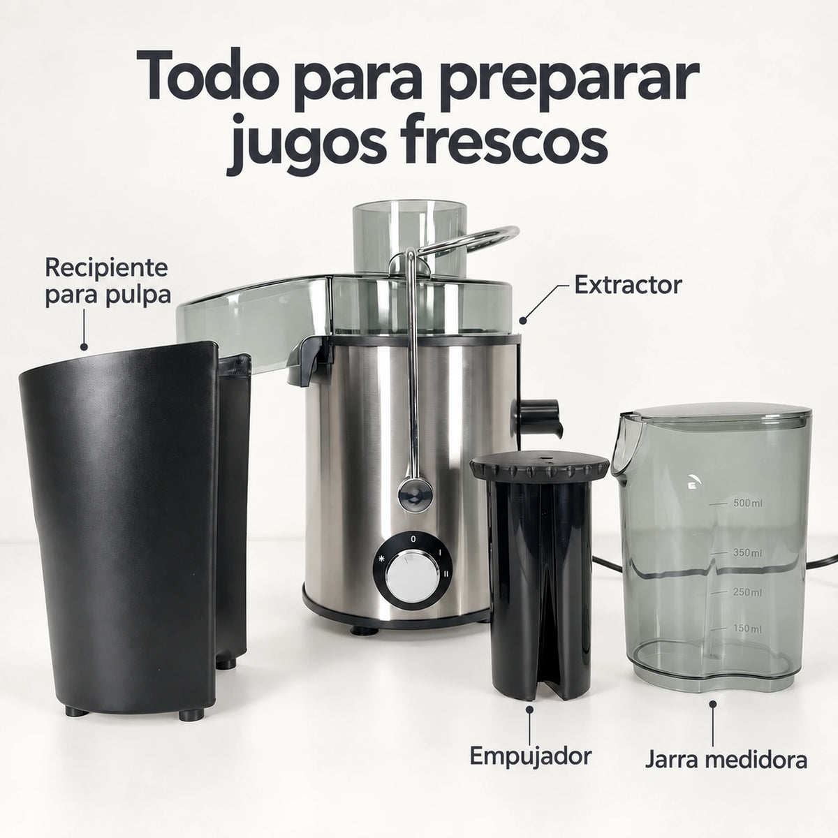Contenido del extractor Lotus: extractor, recipiente para pulpa, empujador y jarra medidora