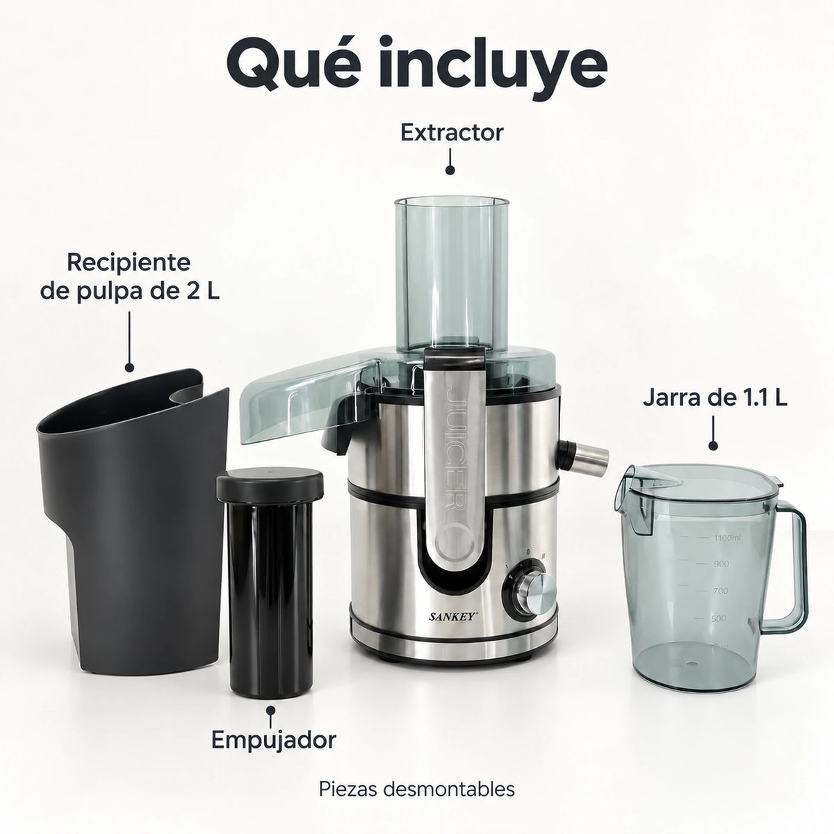 Qué incluye el extractor Sankey XJ-8505: extractor, recipiente de pulpa de 2 L, empujador y jarra de 1.1 L