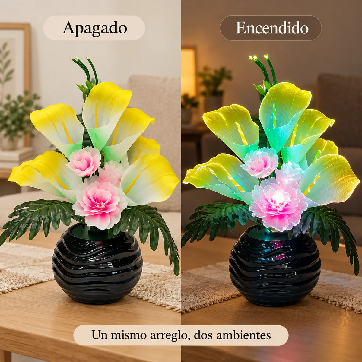 Arreglo de flores artificiales con luz LED, diseño Cala Rosada – comparación apagado y encendido