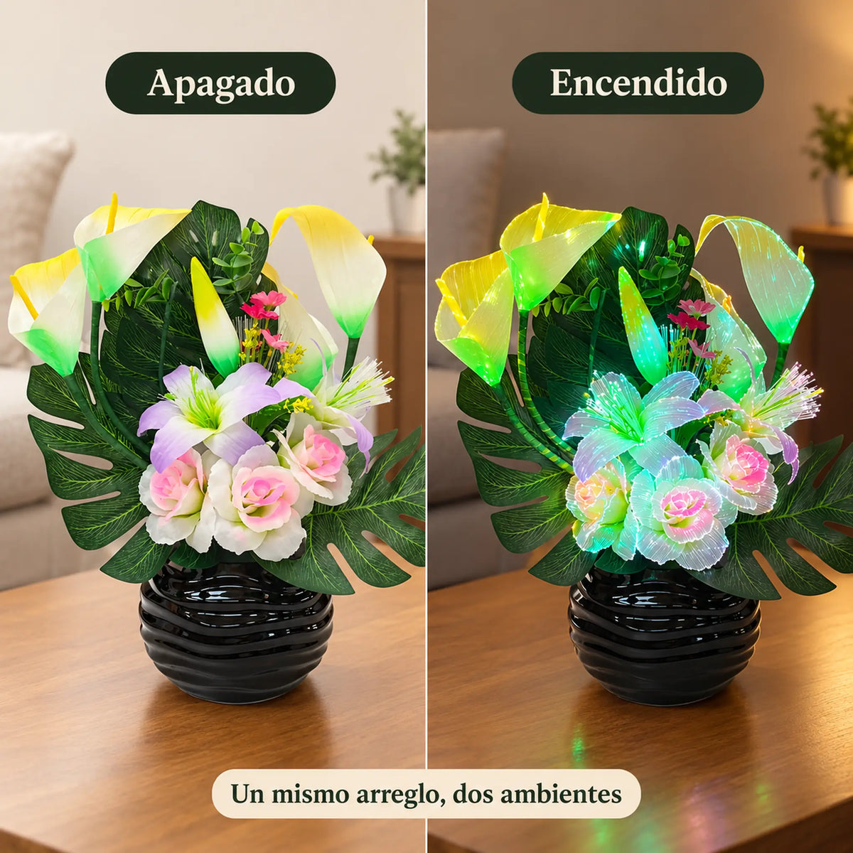Arreglo de flores artificiales con luz LED, diseño Cala Lila – comparación apagado y encendido