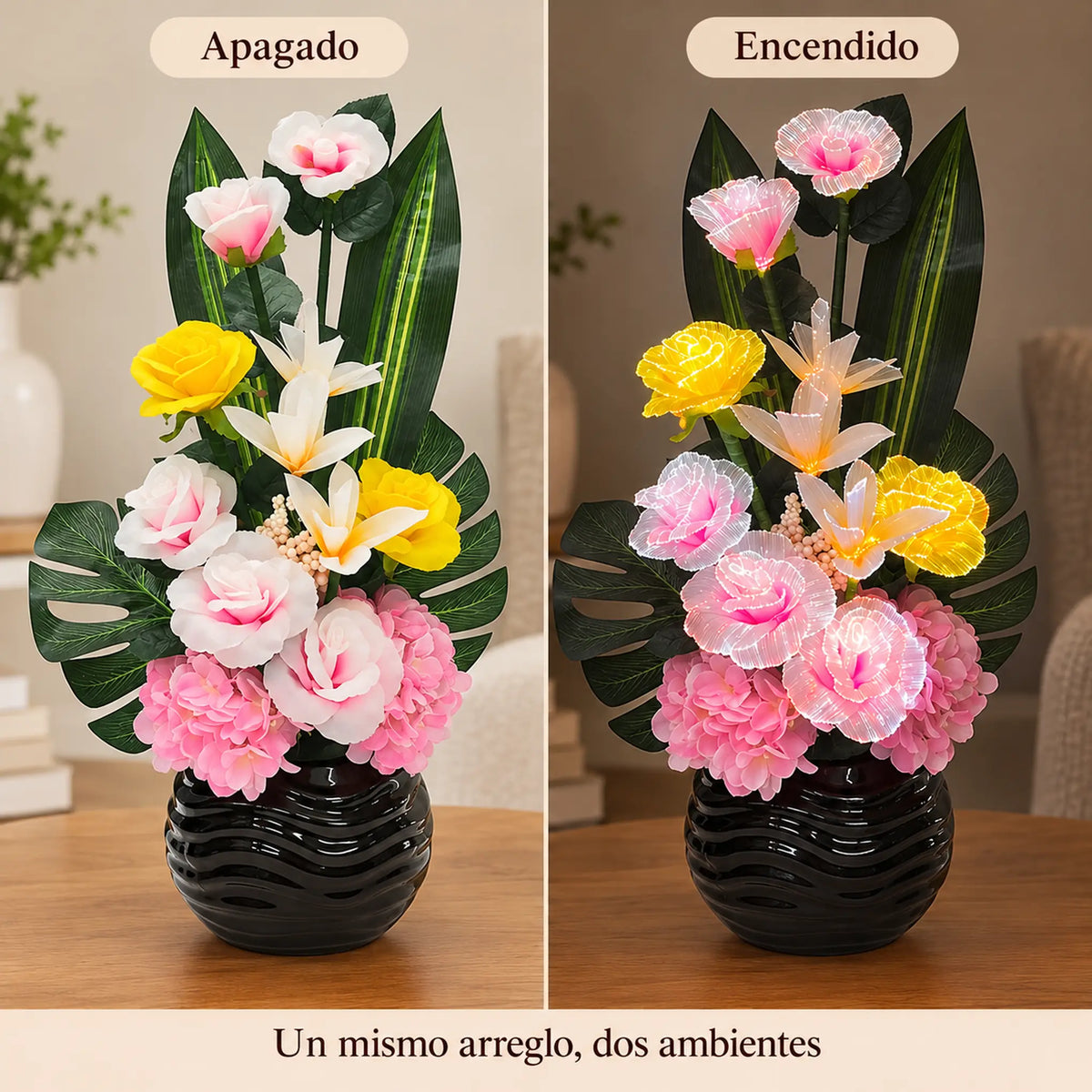 Arreglo de flores artificiales con luz LED, diseño Rosa Primaveral – comparación apagado y encendido