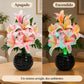 Arreglo de flores artificiales con luz LED, diseño Lirio Rosado – comparación apagado y encendido