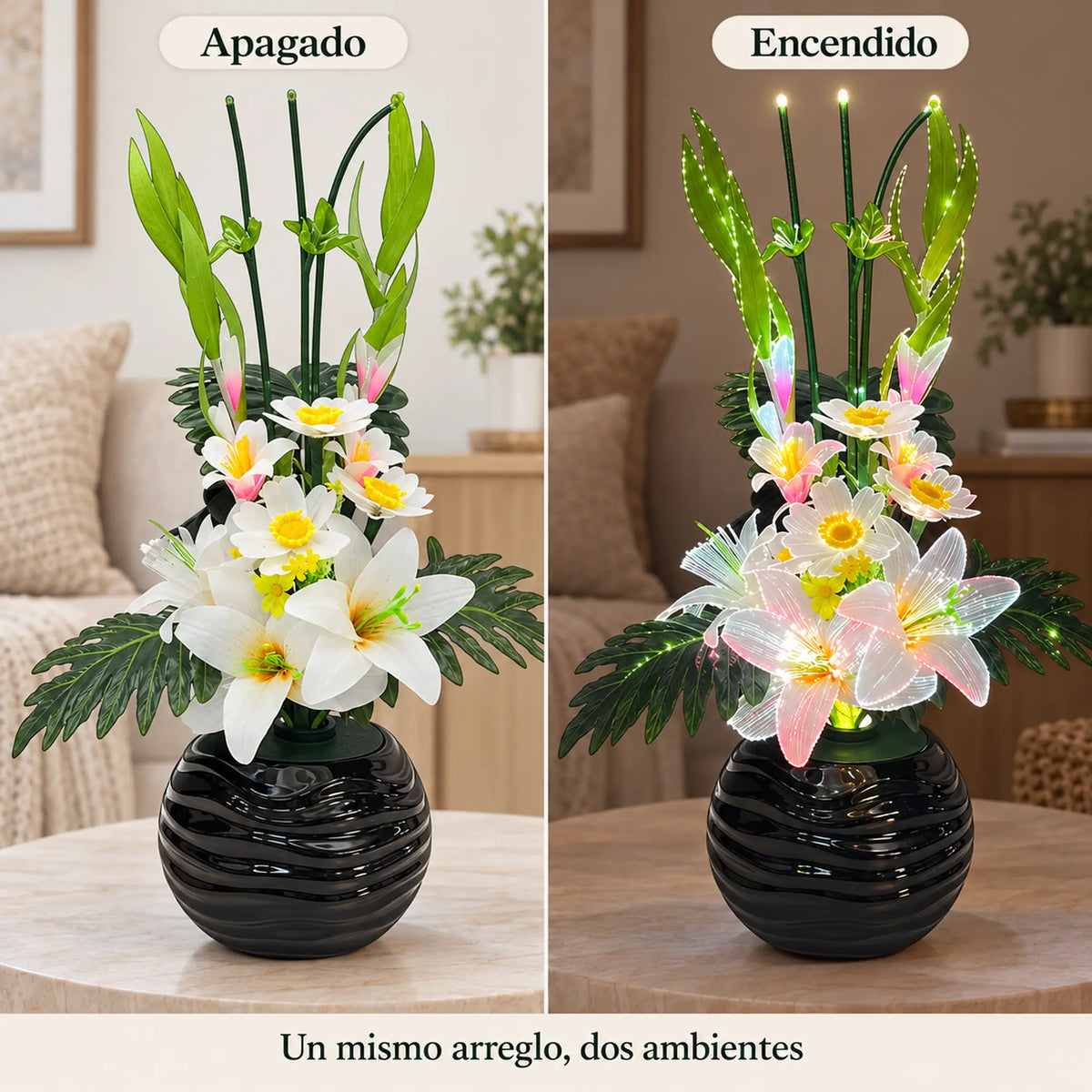 Arreglo de flores artificiales con luz LED, diseño Lirio Blanco – comparación apagado y encendido