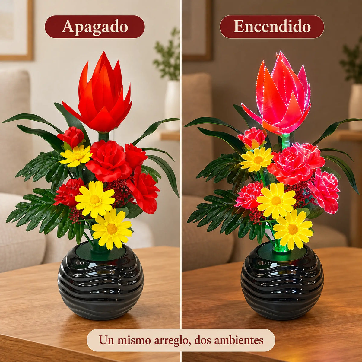 Arreglo de flores artificiales con luz LED, diseño Rojo Tropical – comparación apagado y encendido
