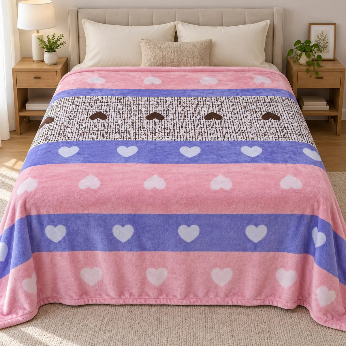 Frazada estampada afelpada 200 x 240 cm, diseño Corazones Multicolor – vista frontal