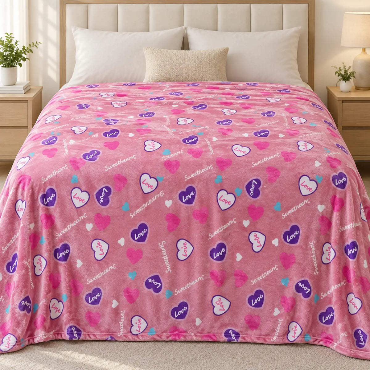 Frazada estampada afelpada 200 x 240 cm, diseño Corazones Rosa – vista frontal