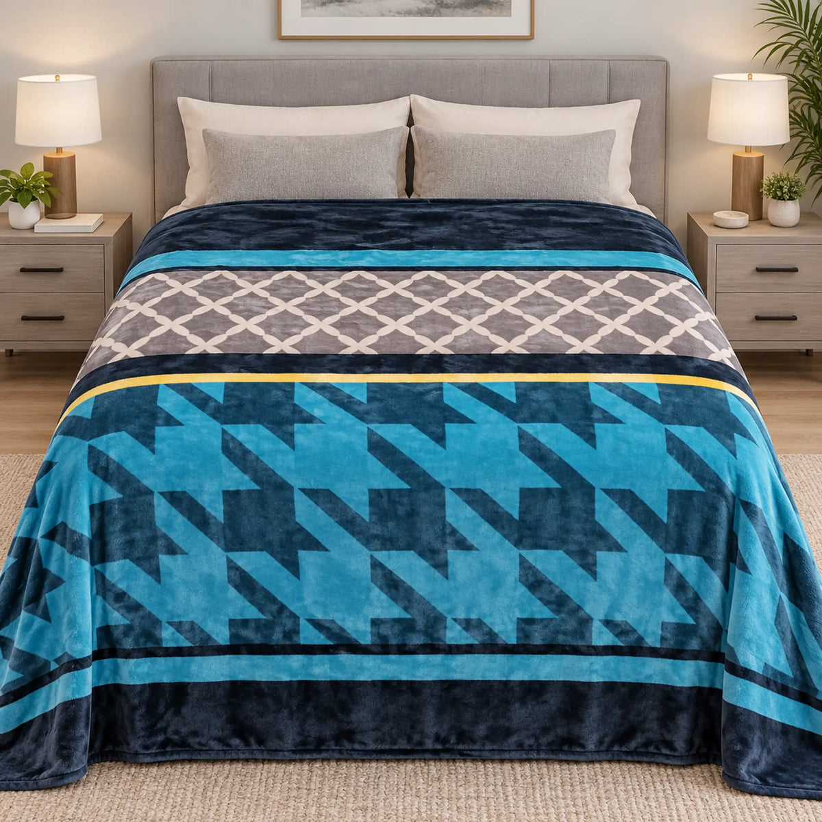 Frazada estampada afelpada 200 x 240 cm, diseño Geométrico Turquesa – vista frontal