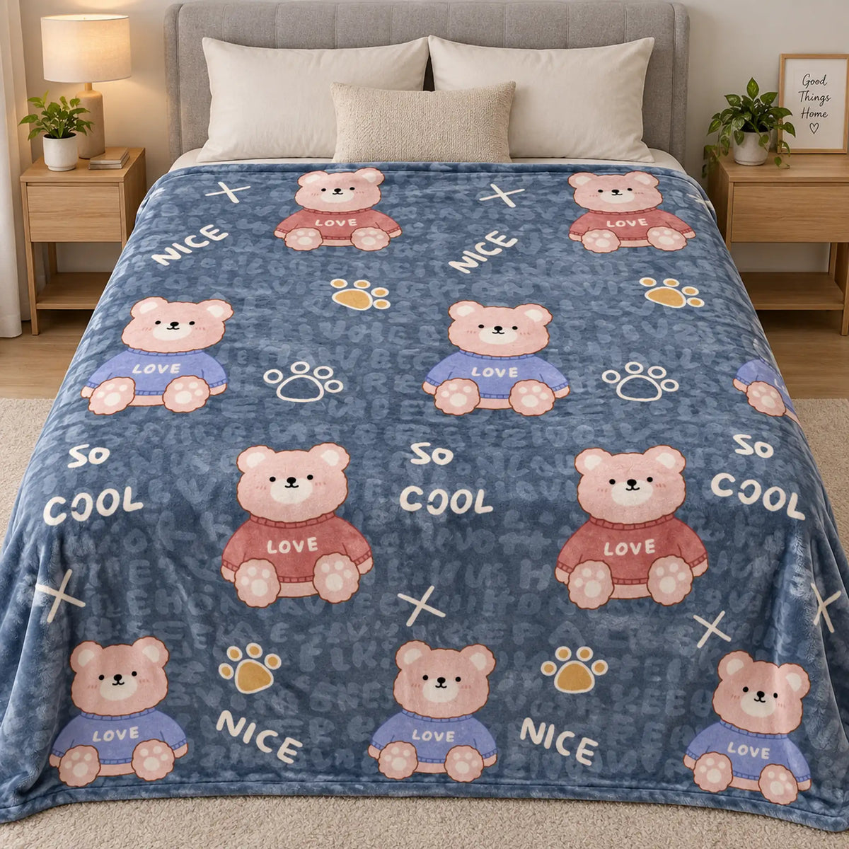 Frazada estampada afelpada 200 x 240 cm, diseño Ositos Azul – vista frontal