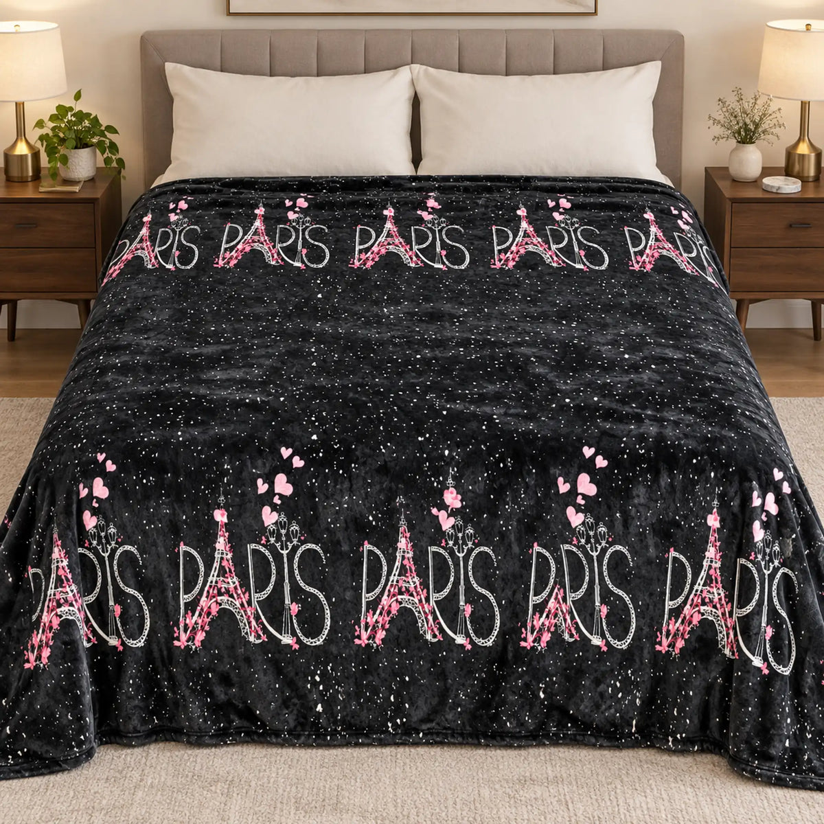 Frazada estampada afelpada 200 x 240 cm, diseño París Negro – vista frontal