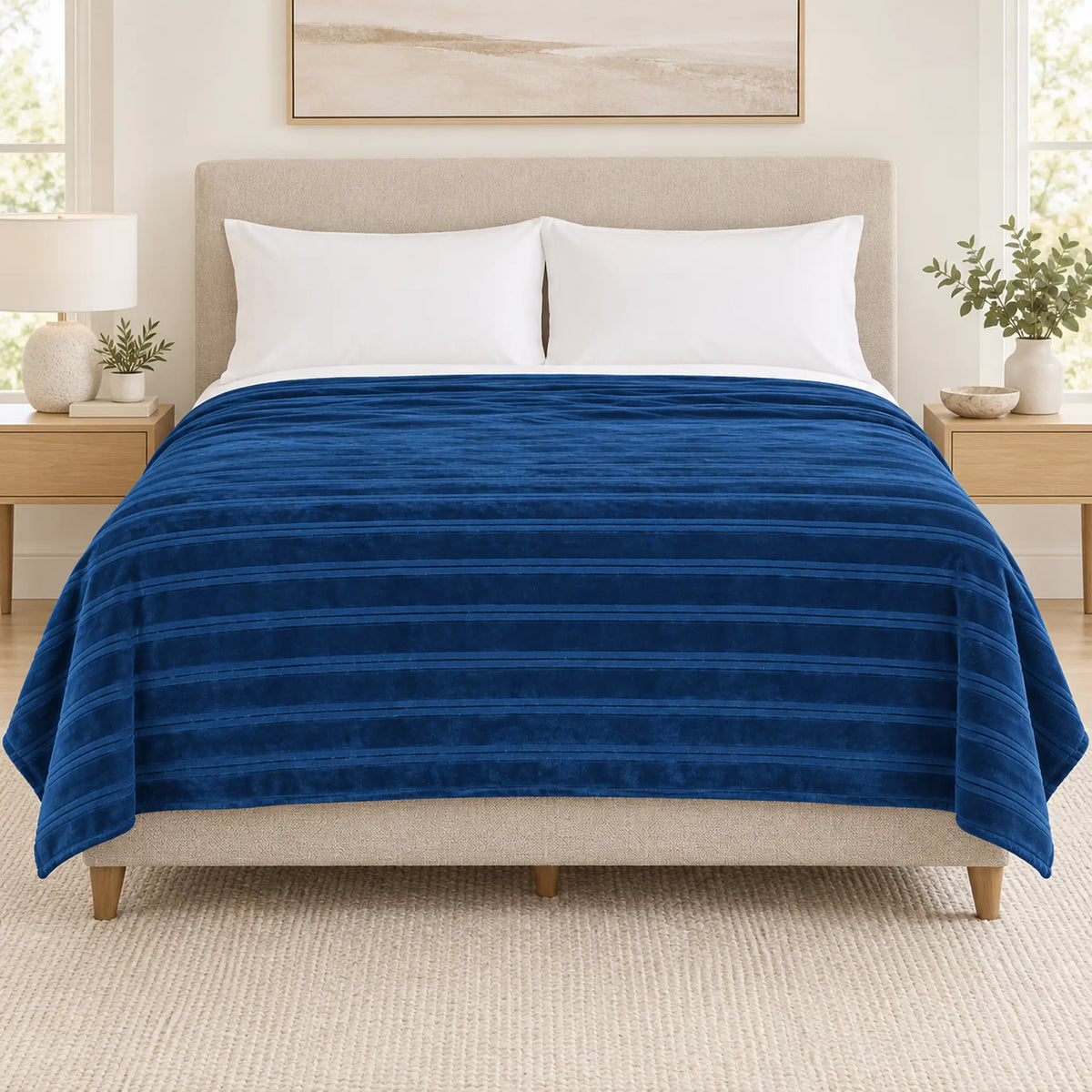 Frazada full azul marino de 180 x 220 cm con rayas en relieve – vista frontal sobre la cama