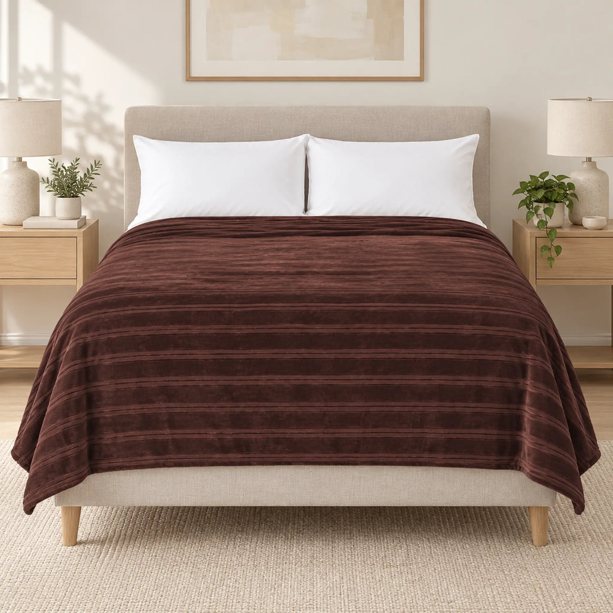 Frazada full chocolate de 180 x 220 cm con rayas en relieve – vista frontal sobre la cama
