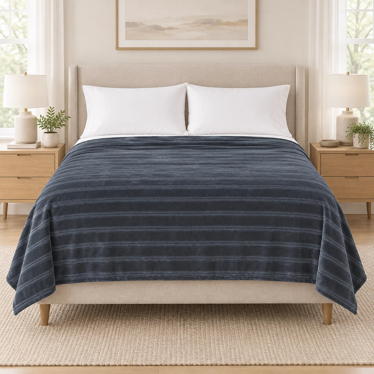 Frazada full gris de 180 x 220 cm con rayas en relieve – vista frontal sobre la cama