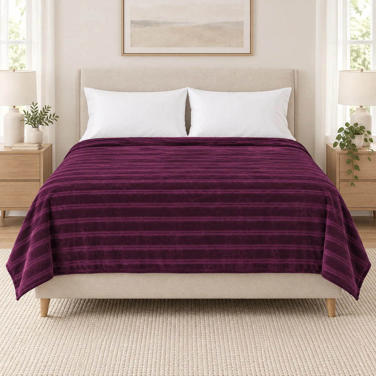 Frazada full morado de 180 x 220 cm con rayas en relieve – vista frontal sobre la cama