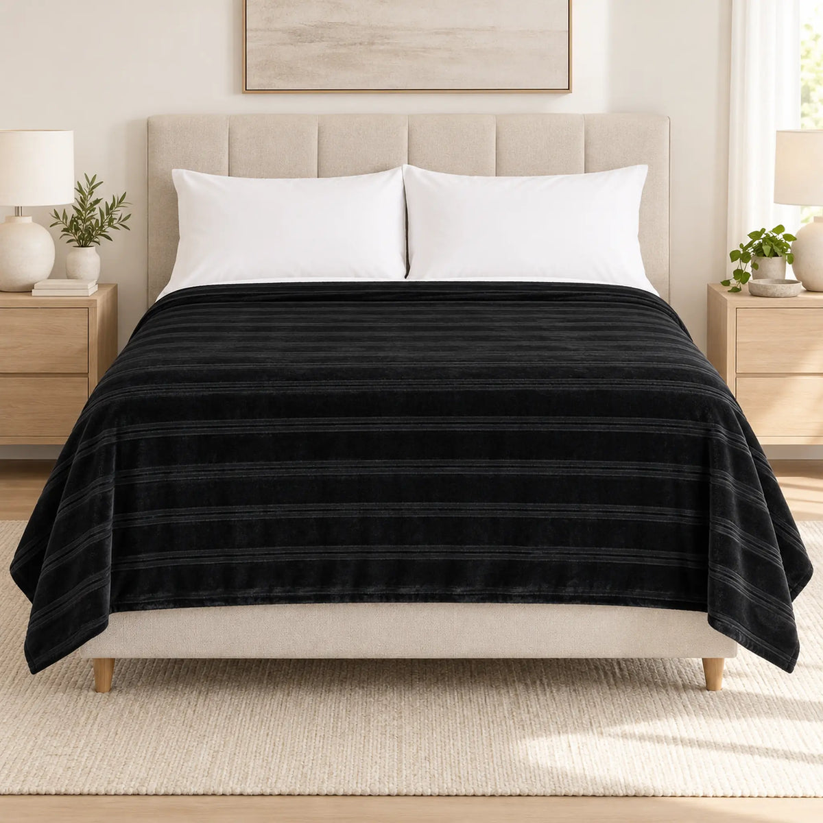 Frazada full negra de 180 x 220 cm con rayas en relieve – vista frontal sobre la cama