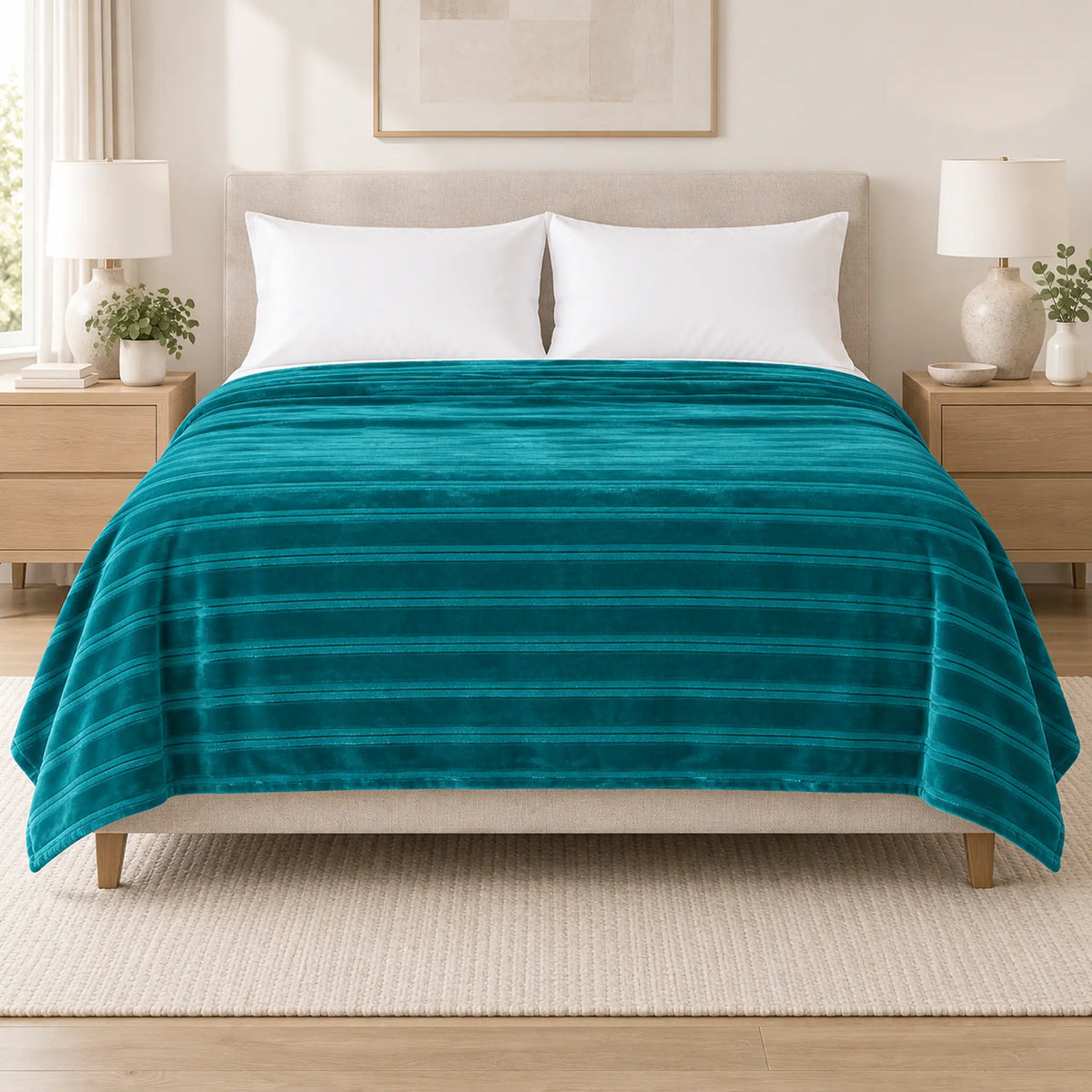 Frazada full turquesa de 180 x 220 cm con rayas en relieve – vista frontal sobre la cama