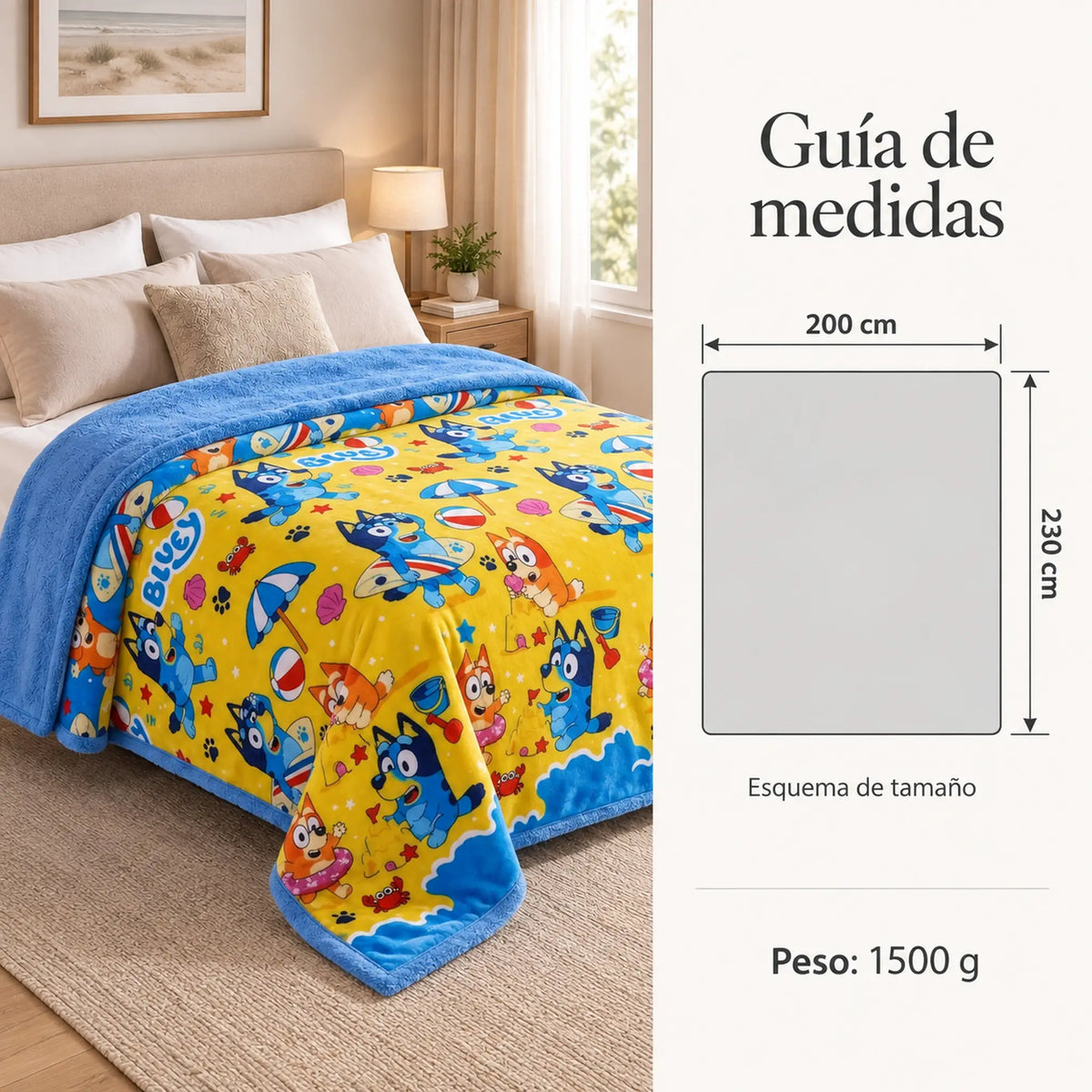 Frazada reversible piel de oveja, diseño Bluey, guía de medidas y estampado