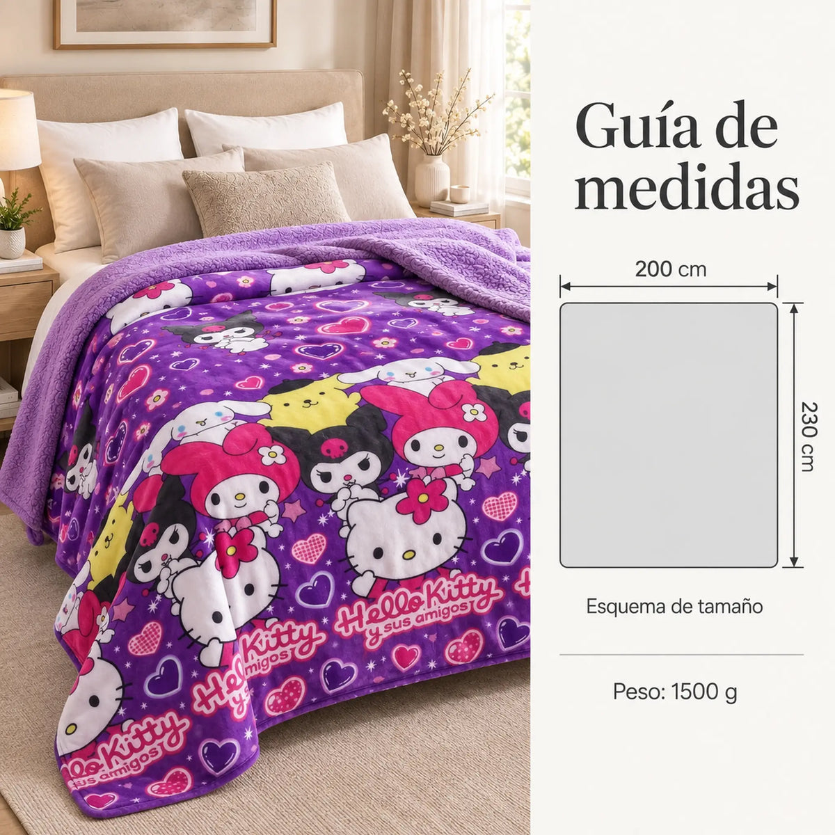 Frazada reversible piel de oveja, diseño Hello Kitty, guía de medidas y estampado
