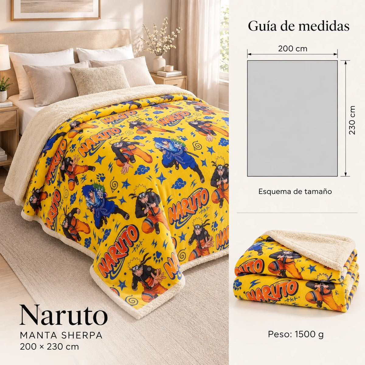 Frazada reversible piel de oveja, diseño Naruto, guía de medidas y estampado