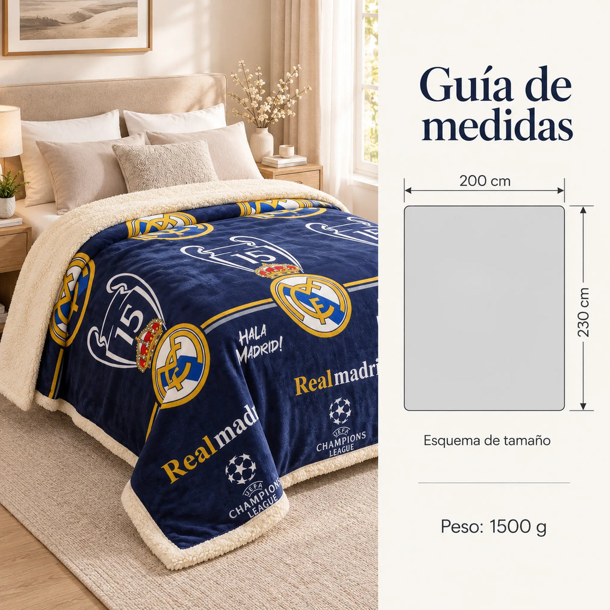 Frazada reversible piel de oveja, diseño Real Madrid, guía de medidas y estampado
