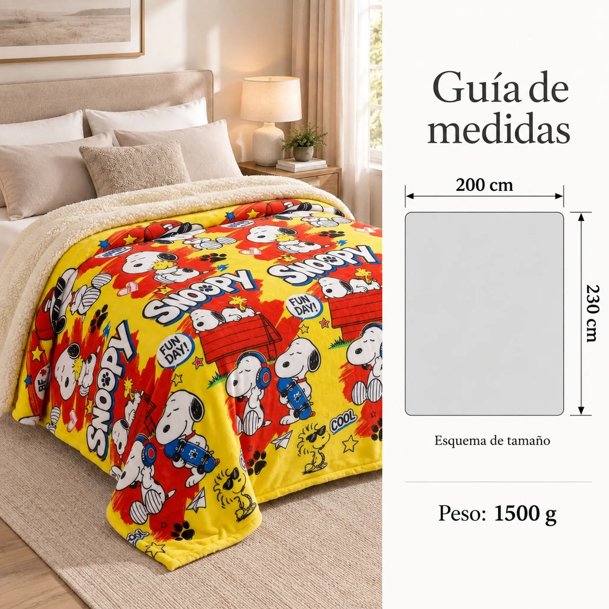Frazada reversible piel de oveja, diseño Snoopy, guía de medidas y estampado
