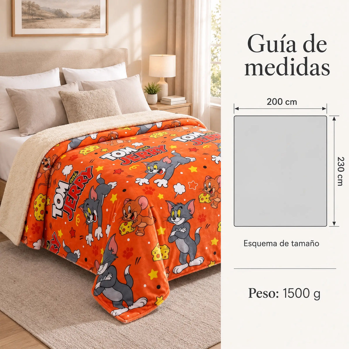 Frazada reversible piel de oveja, diseño Tom & Jerry, guía de medidas y estampado