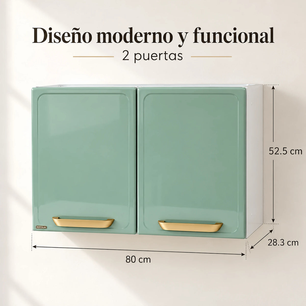 Vista frontal del gabinete aéreo de cocina metálico Bertolini de 2 puertas, 80 cm de ancho