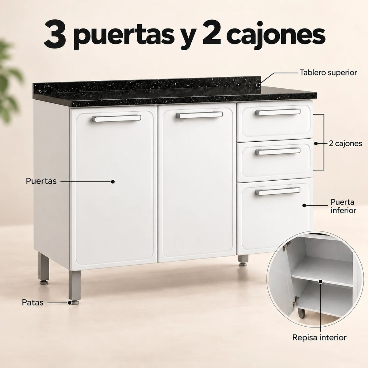 Gabinete de cocina de acero 120 cm – distribución de 3 puertas y 2 cajones