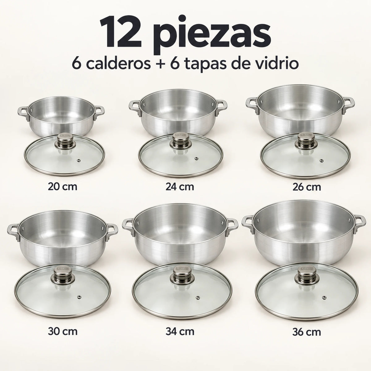 Contenido del juego: 6 calderos de aluminio de 20 a 36 cm y 6 tapas de vidrio