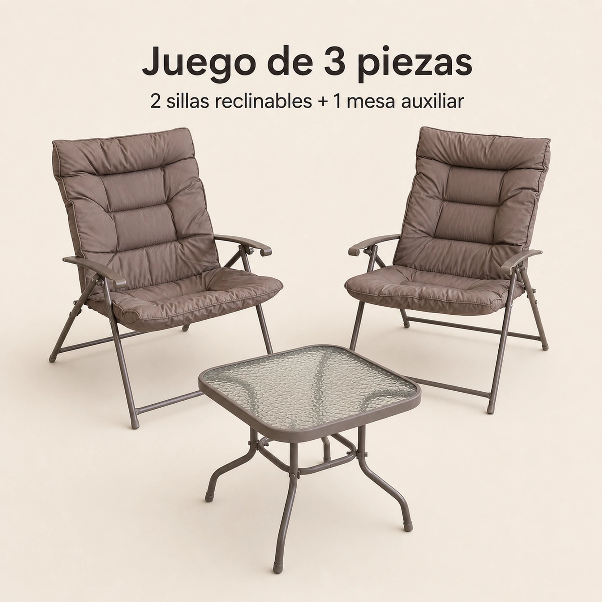 Juego de terraza reclinable Taupe: 2 sillas reclinables plegables y mesa auxiliar de vidrio
