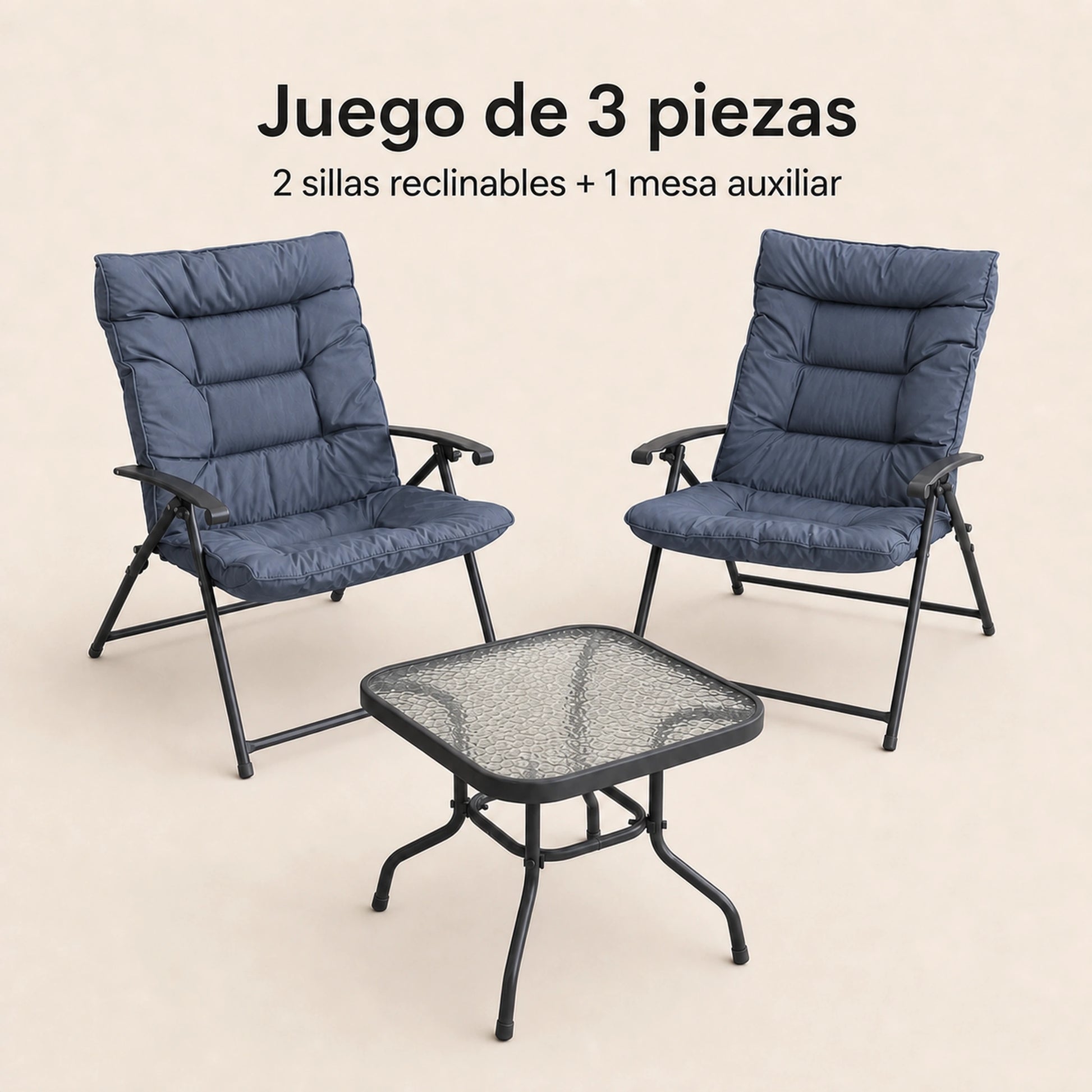 Juego de terraza reclinable Gris: 2 sillas reclinables plegables y mesa auxiliar de vidrio