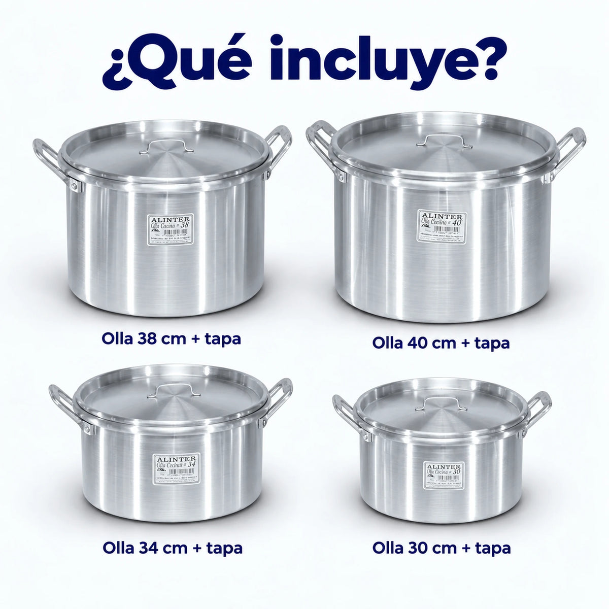 Qué incluye el juego de ollas Alinter: ollas de 30, 34, 38 y 40 cm, cada una con tapa