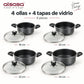 Contenido del juego Alsasa Línea Easy: 4 ollas de 18, 20, 22 y 24 cm y 4 tapas de vidrio