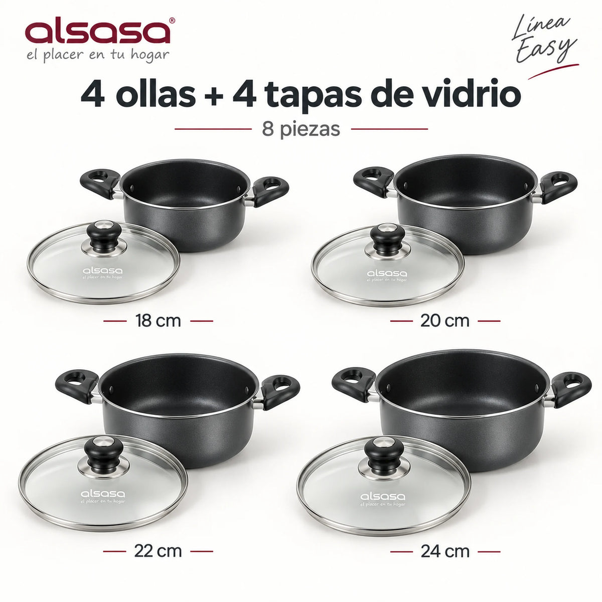 Contenido del juego Alsasa Línea Easy: 4 ollas de 18, 20, 22 y 24 cm y 4 tapas de vidrio