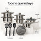 Contenido del juego Epicure Roma: 4 ollas, cazo, sartén, 6 tapas de vidrio, 3 utensilios y rallador