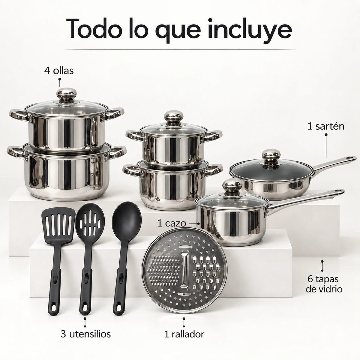 Contenido del juego Epicure Roma: 4 ollas, cazo, sartén, 6 tapas de vidrio, 3 utensilios y rallador