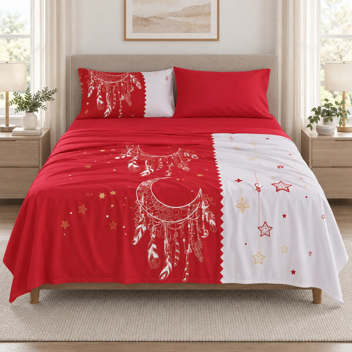 Juego de sábanas 4 piezas estampado rojo con atrapasueños y estrellas – vista frontal
