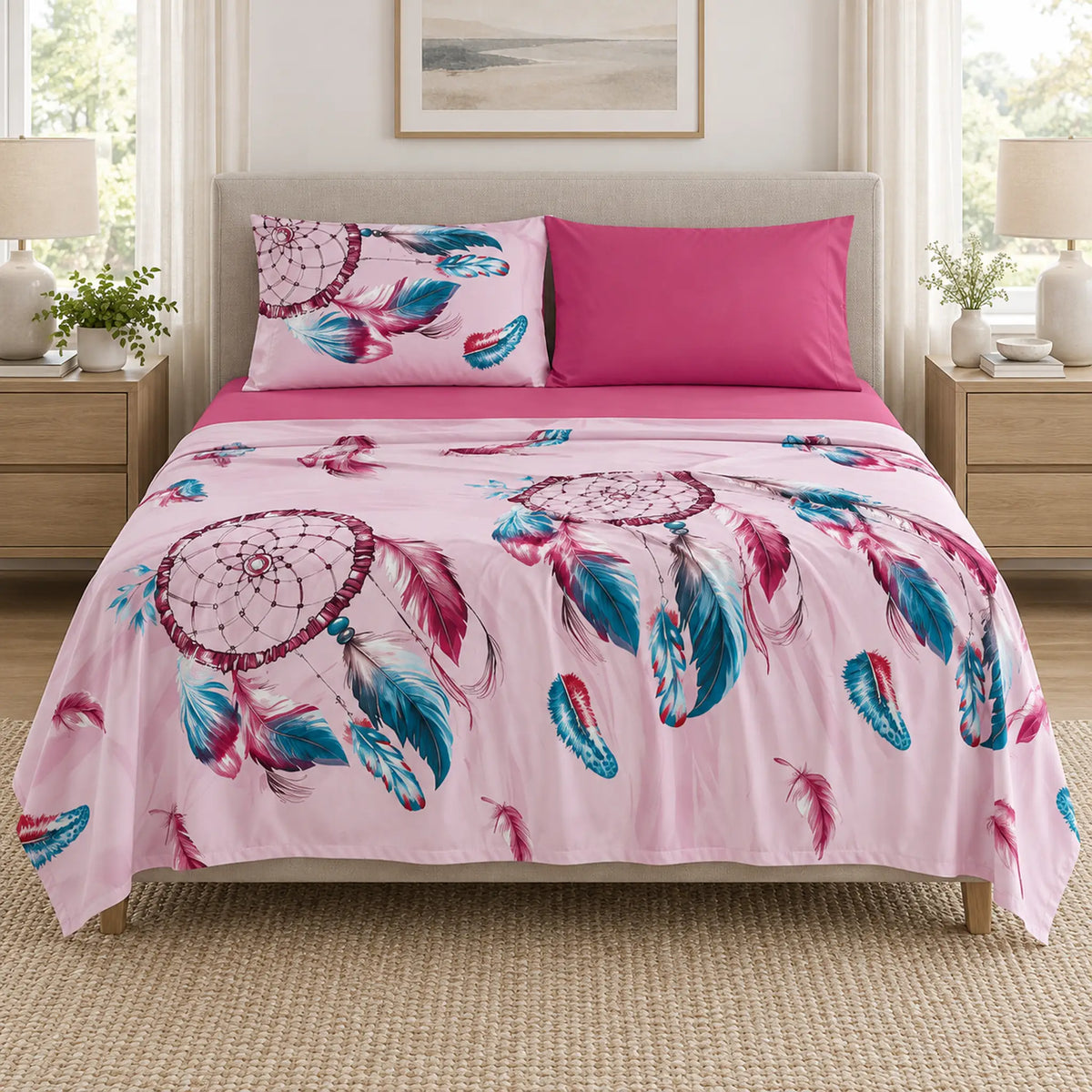 Juego de sábanas 4 piezas estampado con atrapasueños rosa – vista frontal