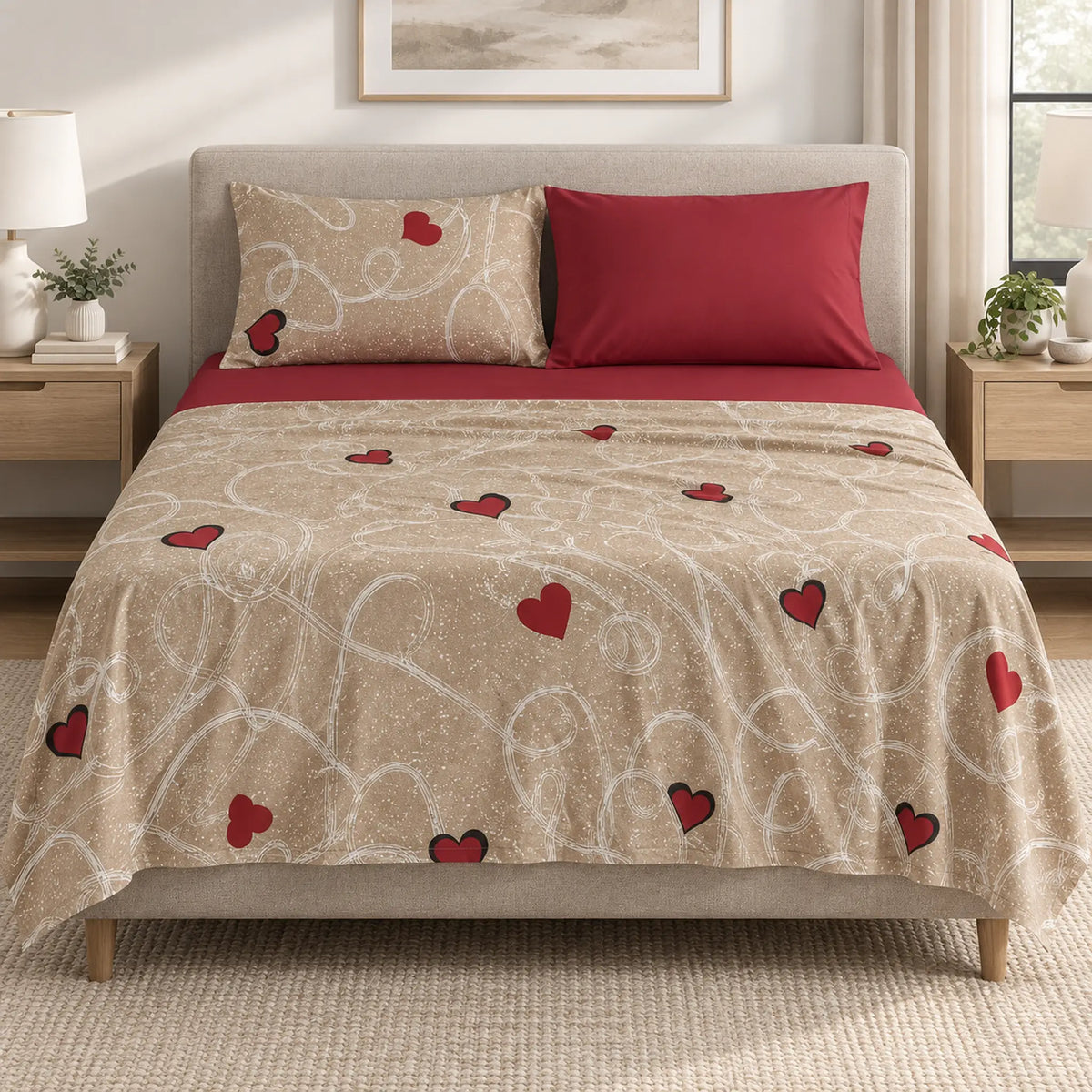 Juego de sábanas 4 piezas estampado beige con corazones – vista frontal