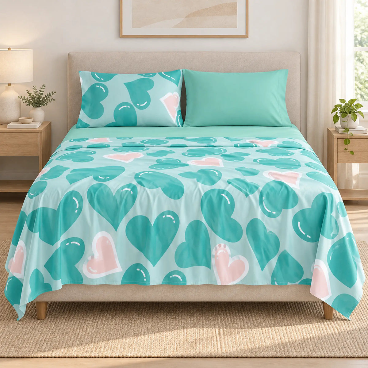 Juego de sábanas 4 piezas estampado verde menta con corazones – vista frontal