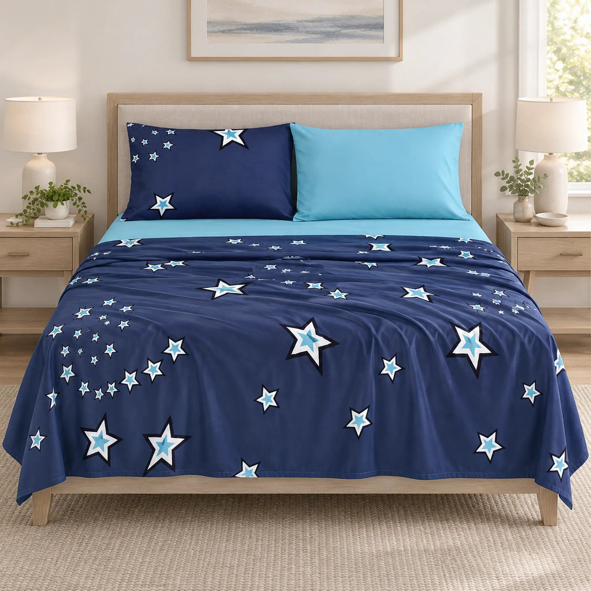 Juego de sábanas 4 piezas estampado azul marino con estrellas – vista frontal