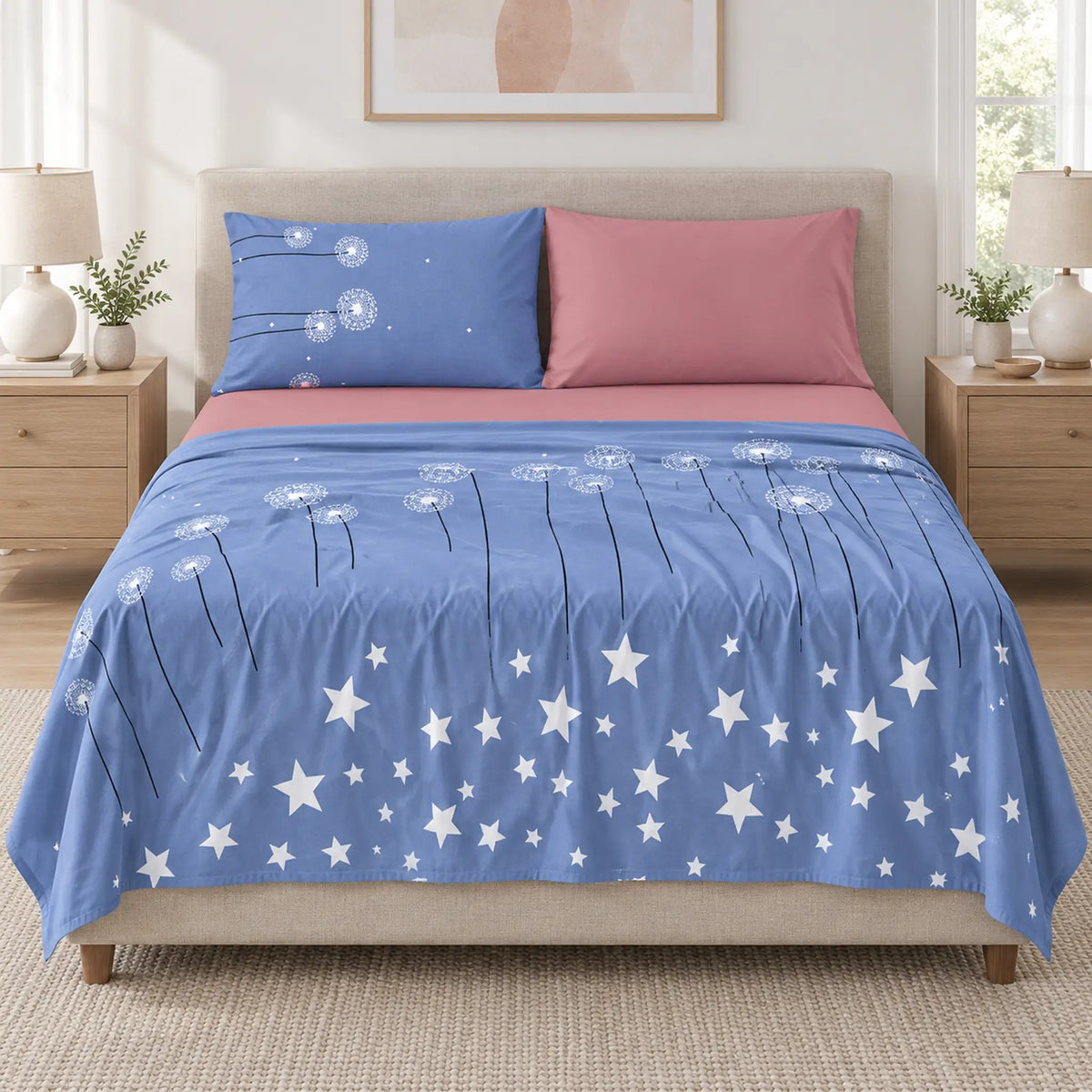 Juego de sábanas 4 piezas estampado azul con estrellas y dientes de león – vista frontal