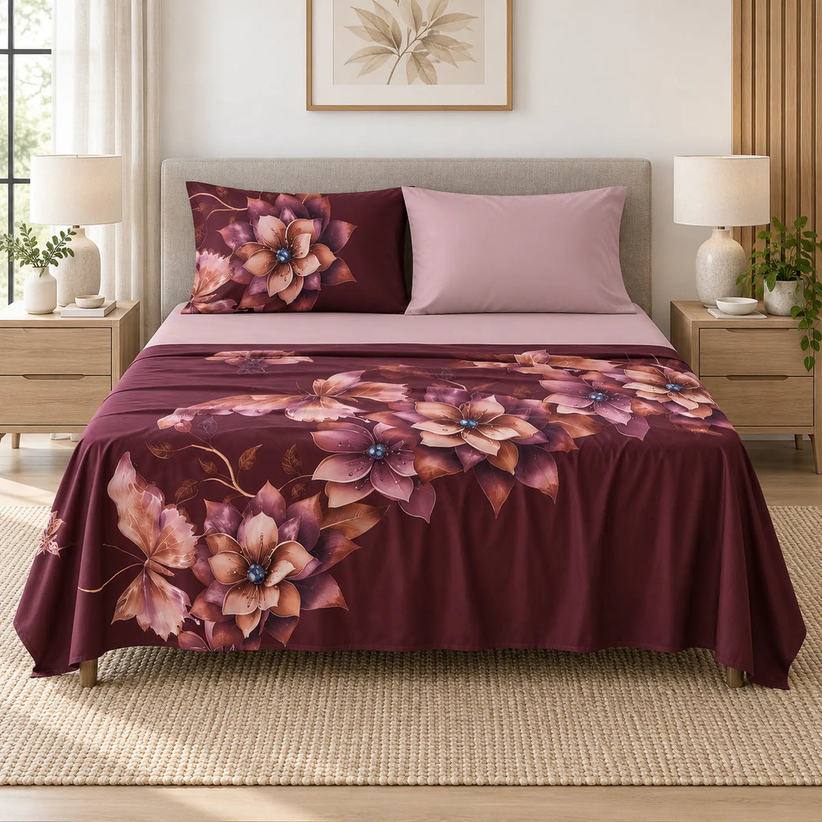 Juego de sábanas 4 piezas estampado color vino con flores – vista frontal
