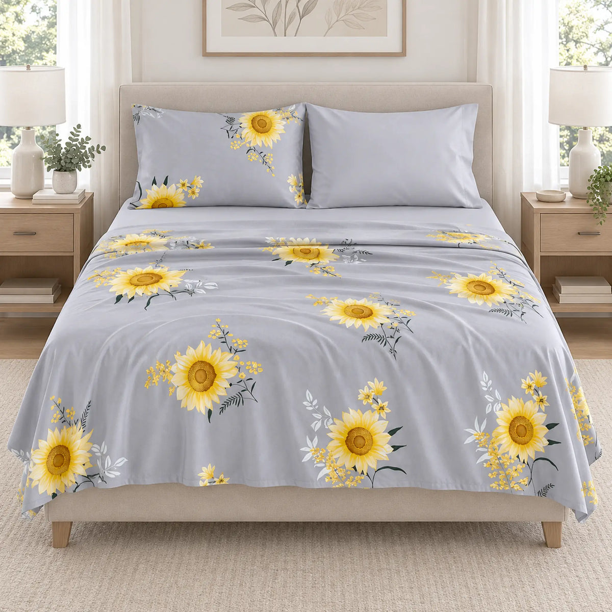 Juego de sábanas 4 piezas estampado gris con girasoles – vista frontal