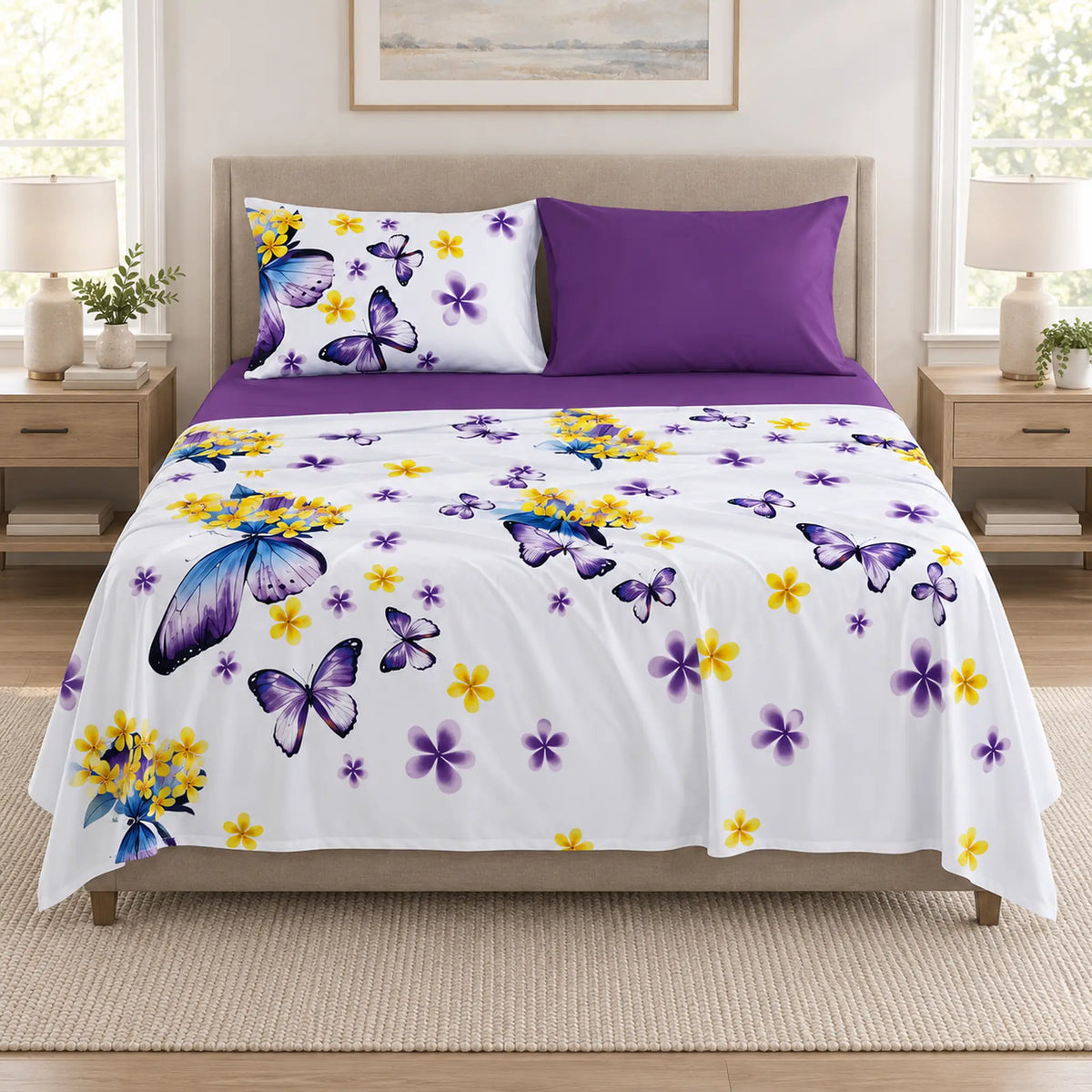 Juego de sábanas 4 piezas estampado morado con mariposas – vista frontal