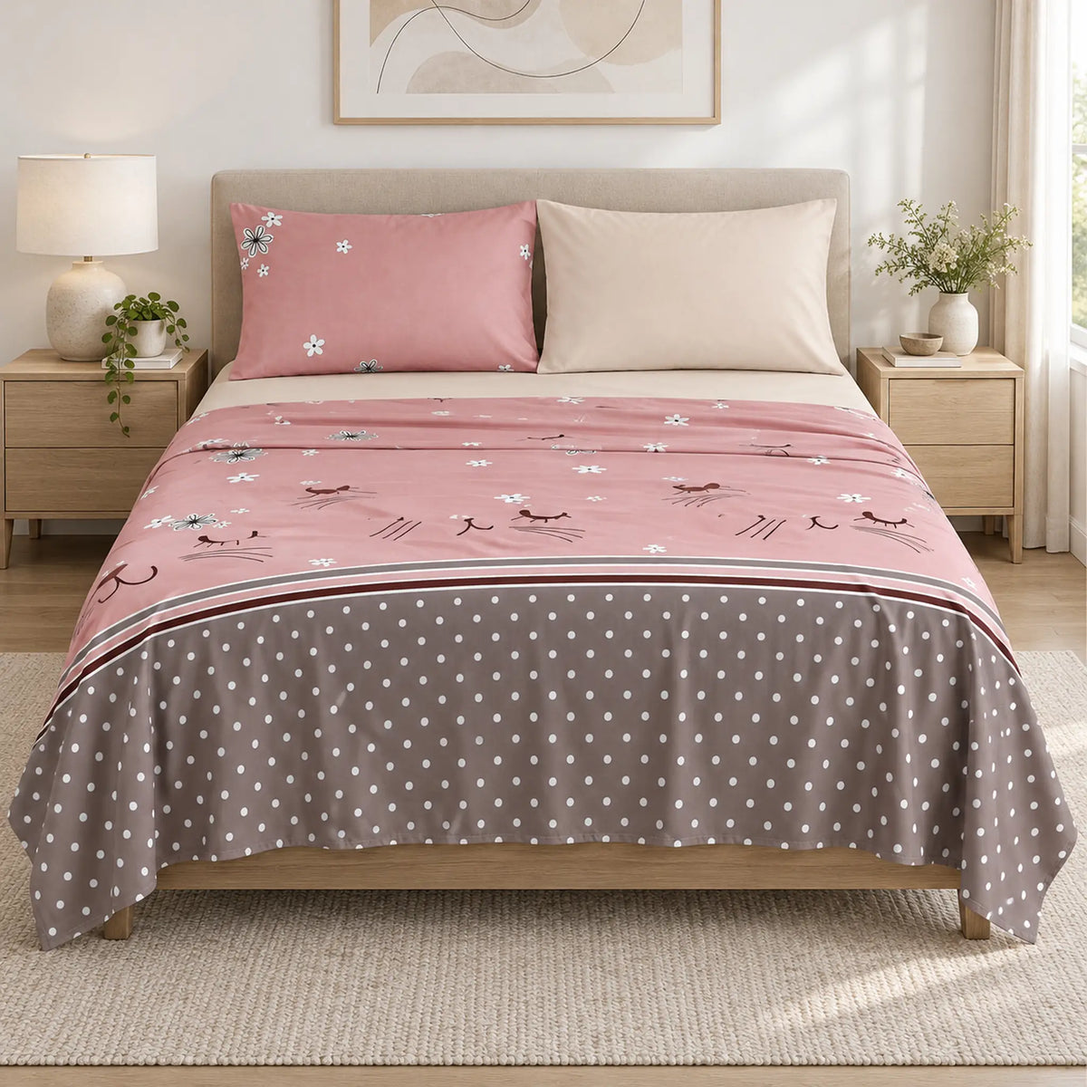 Juego de sábanas 4 piezas estampado rosa con gatito – vista frontal