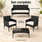 Diagrama del set completo: 1 sofá de 2 puestos, 2 sillones individuales, 1 mesa y 3 cojines de asiento