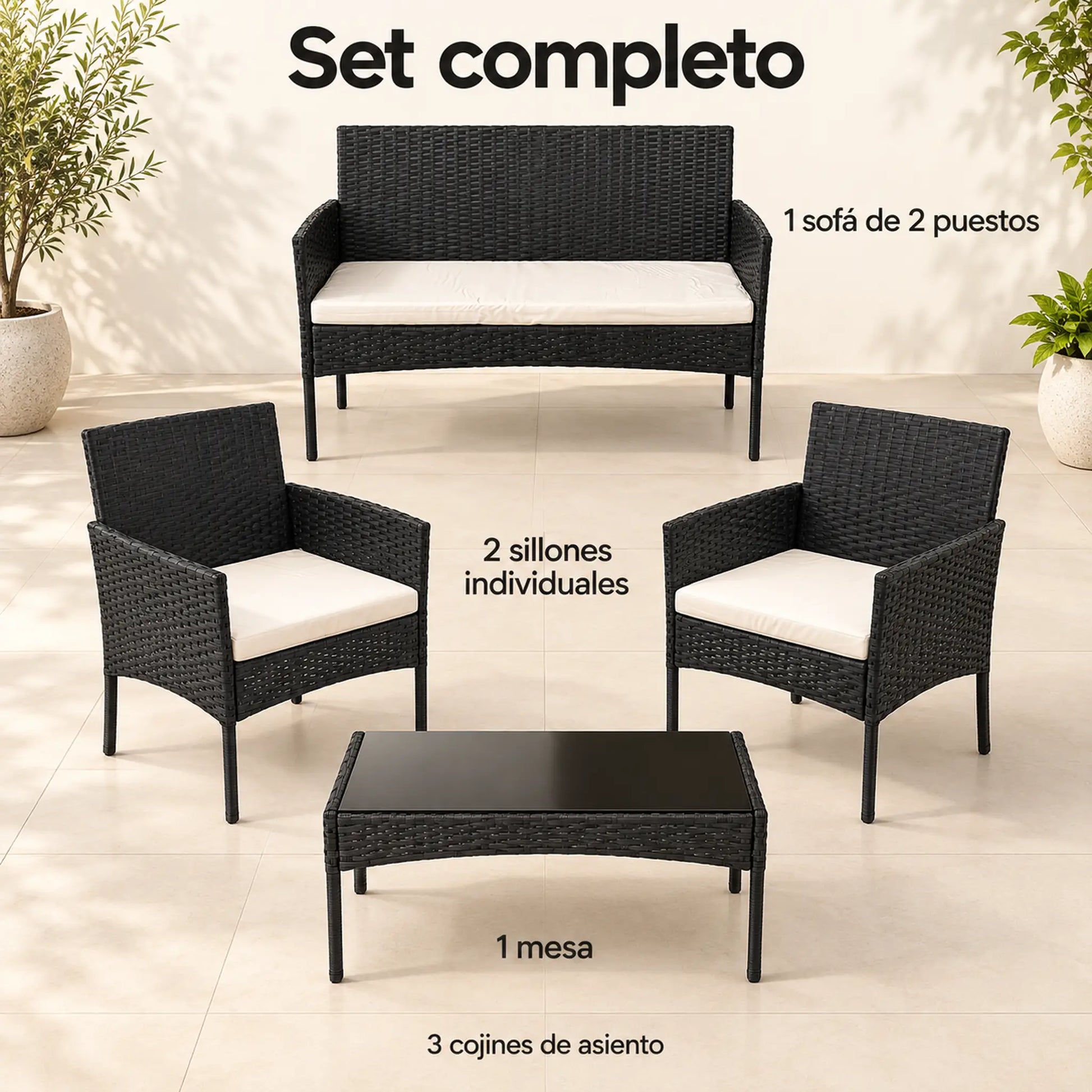 Diagrama del set completo: 1 sofá de 2 puestos, 2 sillones individuales, 1 mesa y 3 cojines de asiento