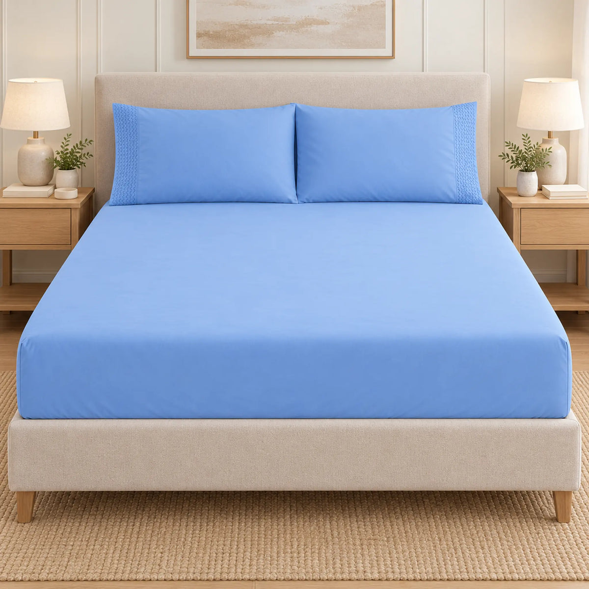 Forro ajustable liso con 2 sobrefundas bordadas, color Celeste – vista frontal